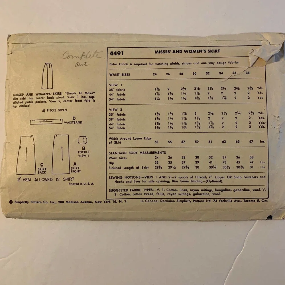 Simplicity Vintage 1950's Pattern‎ #4491 Women's Skirts